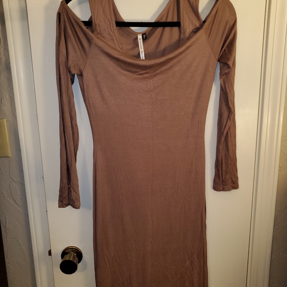 Velvet Torch body hugging soft light brown dress